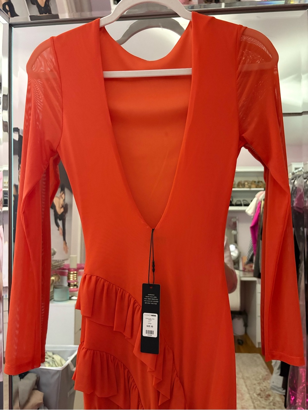Fashion Nova Orange Long-Sleeve Ruffle Asymmetrical Maxi Dress - Picture 4 of 4